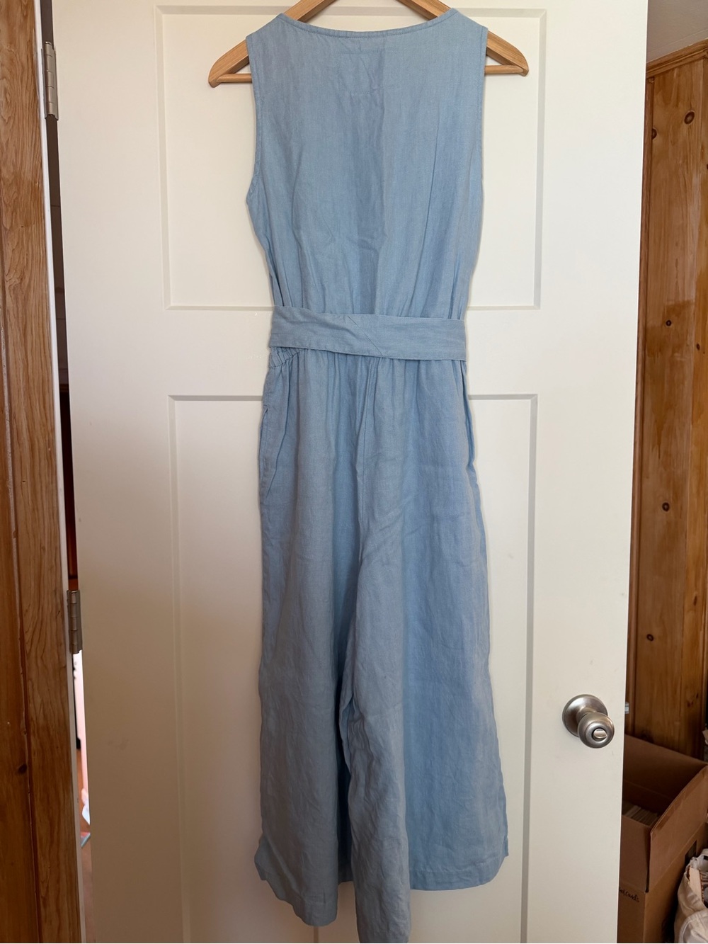 Light Blue Linen Sleeveless Button-Front Jumpsuit with Tie Waist - Picture 2 of 3